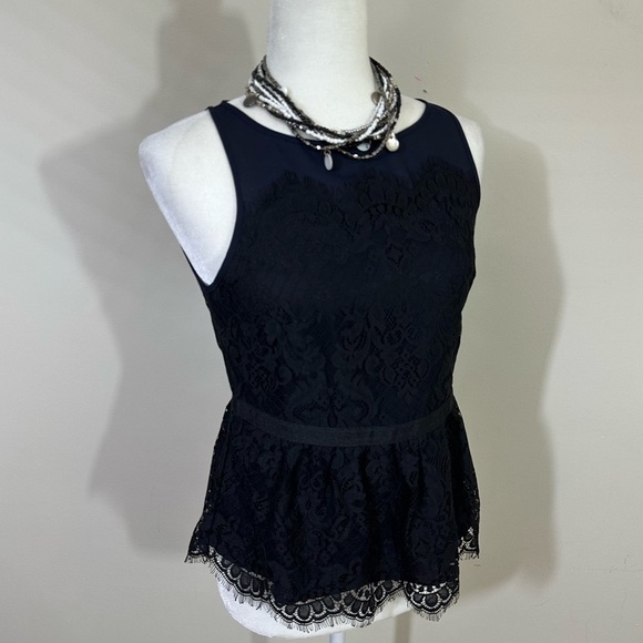 Loft sz  2P blouse, top in a deep navy with a black lace overlay stitched on top - Picture 7 of 13